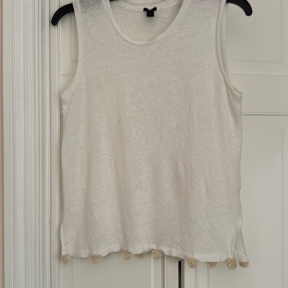 Darling white linen tank top with cream colored fuzzy balls attached to the hem - Picture 1 of 6
